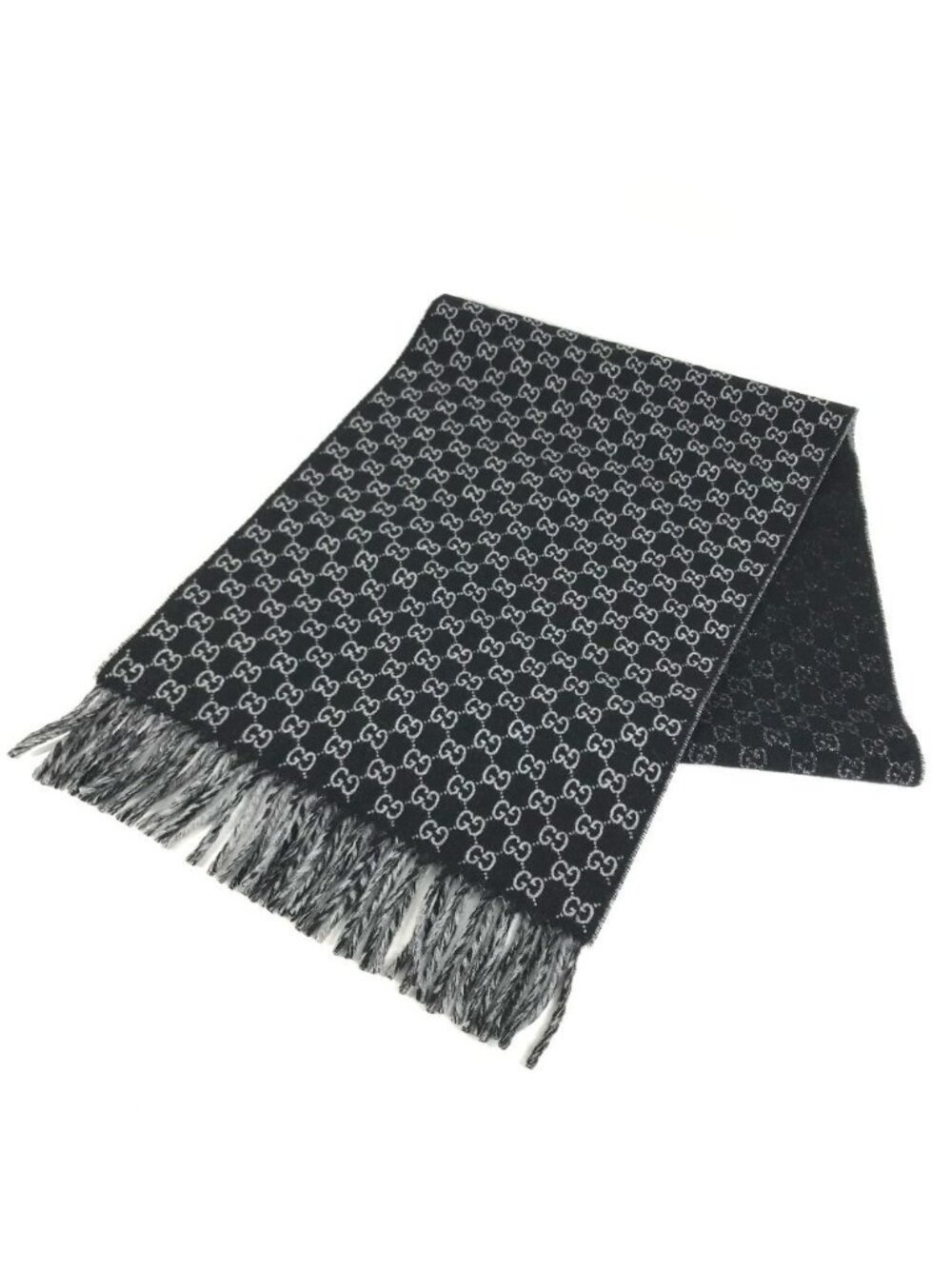 Gucci Scarf GG Logo Fringe Wool Cashmere Black